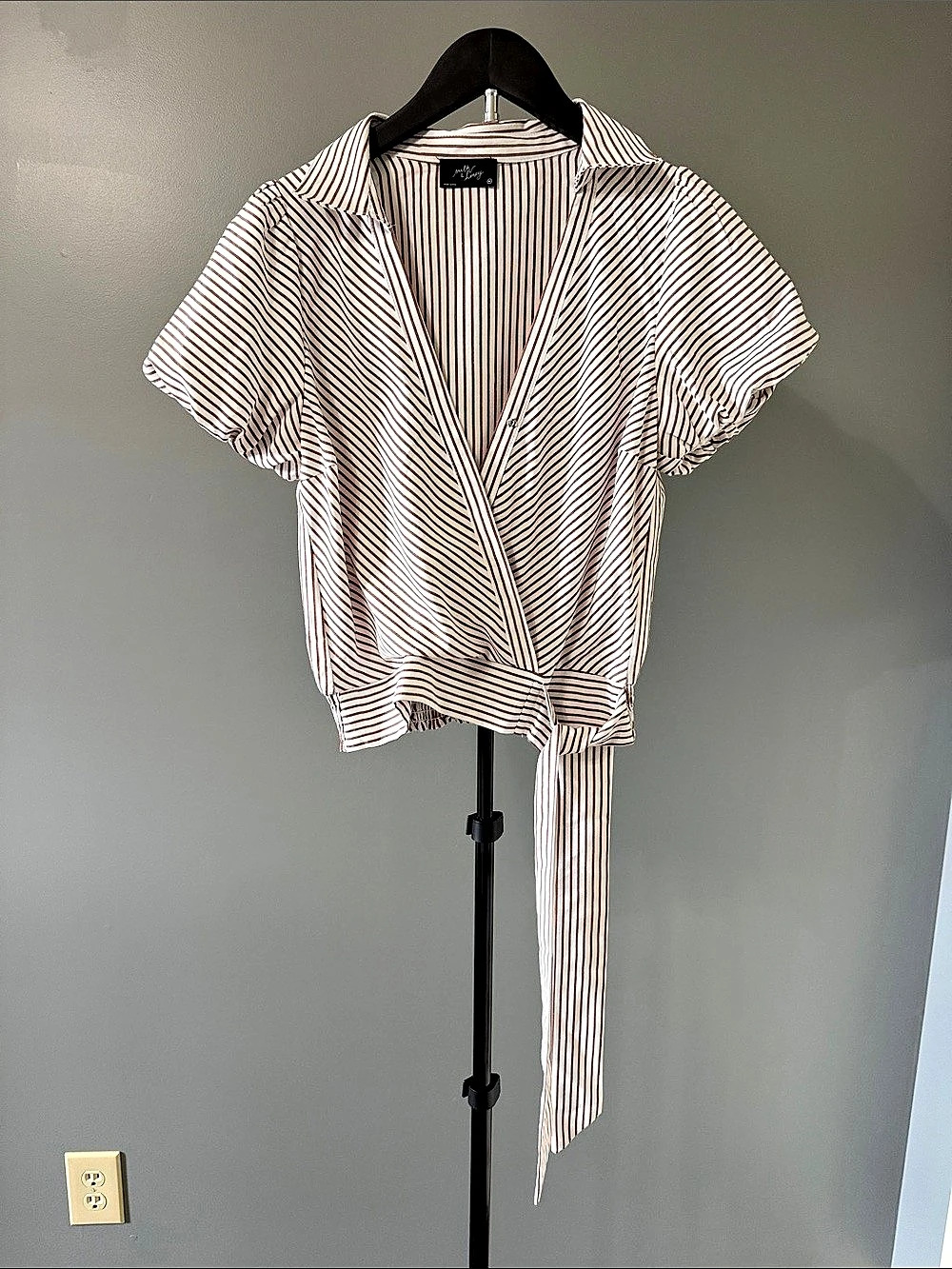 Milly Striped Tie-Front Blouse in White & Brown